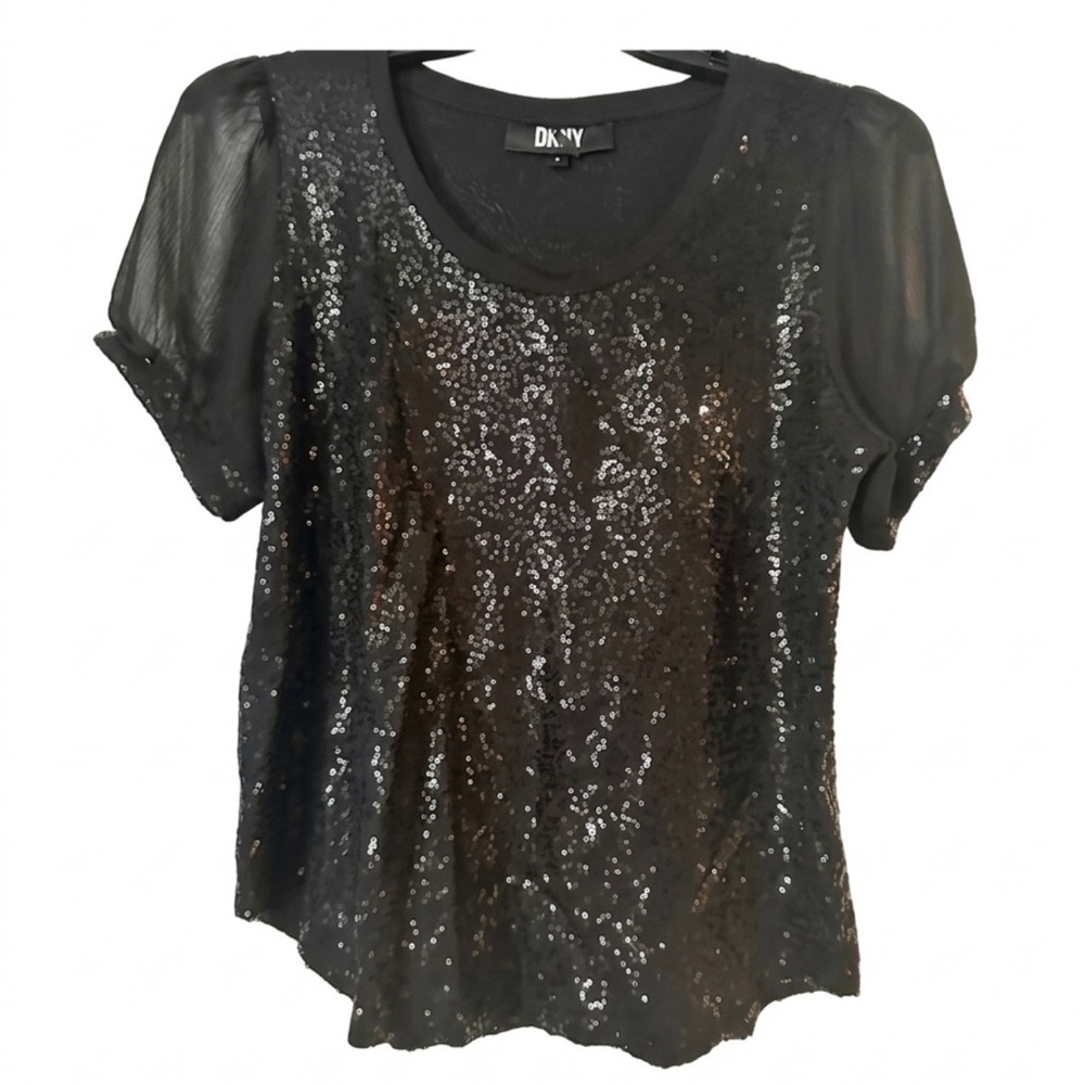 DKNY Black Sequins Sheer Sleeve Holiday Cocktail Party Top Medium